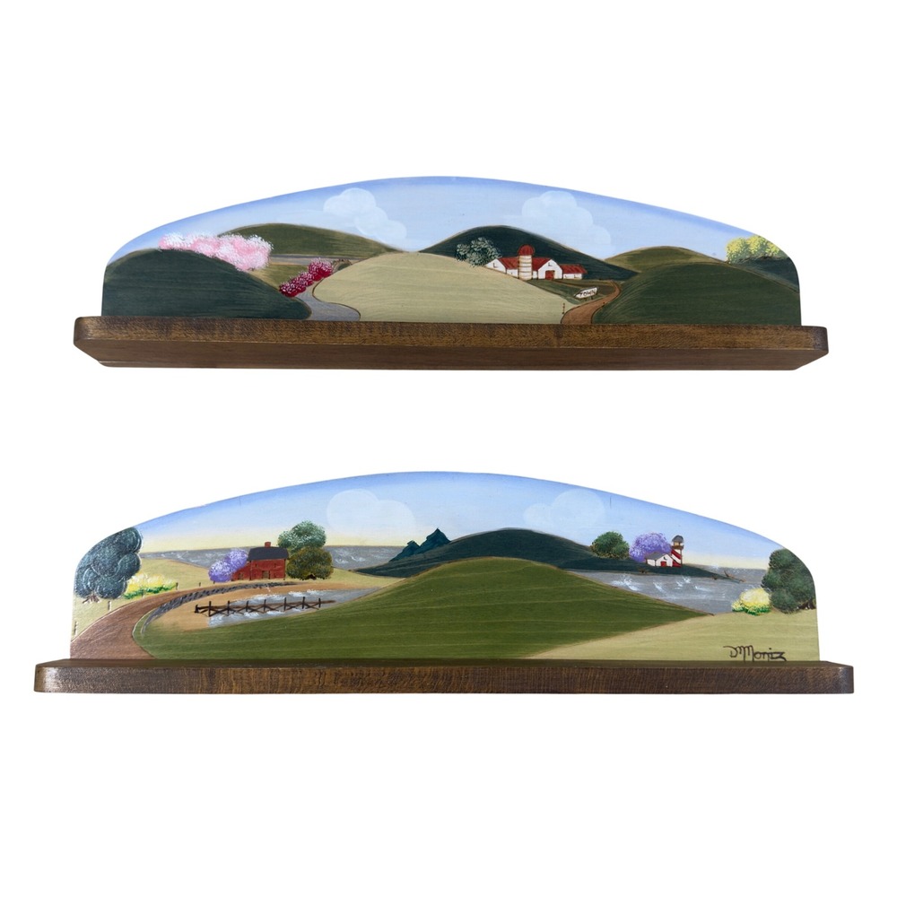 2 Vintage Coventry Chartistry Moniz Wood Pyrography Hand Painted Wall Plaques